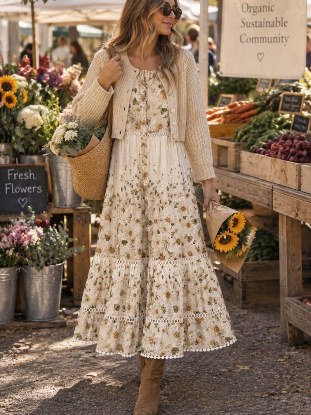 🌼 FARM Rio Daisy Floral Eyelet Midi Dress – Size Small